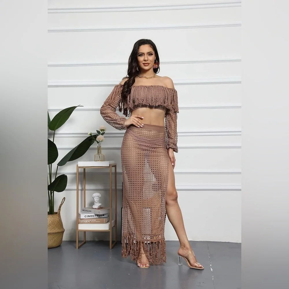 Brown Crochet 2-Piece Swimsuit Cover-Up Set – Size Large